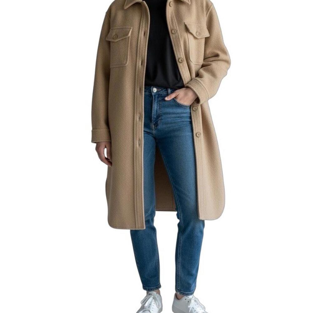Wilfred Free The Ganna Long Shirt Jacket Heather Birch Beige Merino Wool Size XS